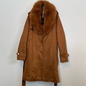 Bellivera Womens Brown Detachable Fur Collar Faux Leather Trench Coat Si…